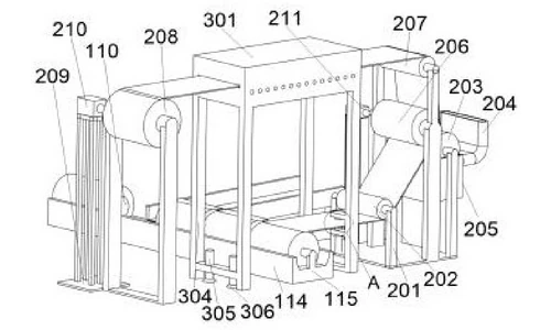 Back view of the coating machine showing the roll feeding mechanism