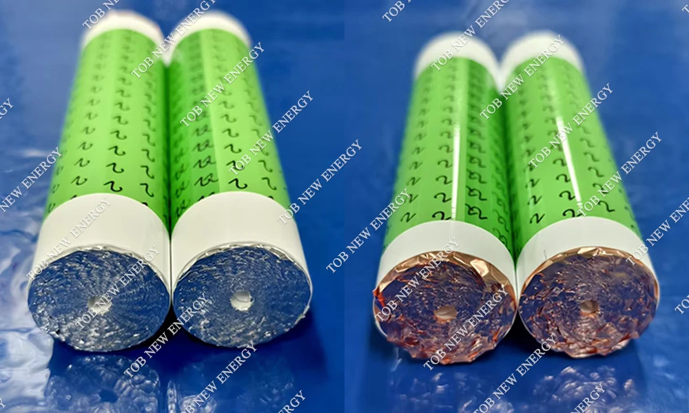 Flattened positive and negative electrode end faces of a 32140 tabless cylindrical cell jelly roll