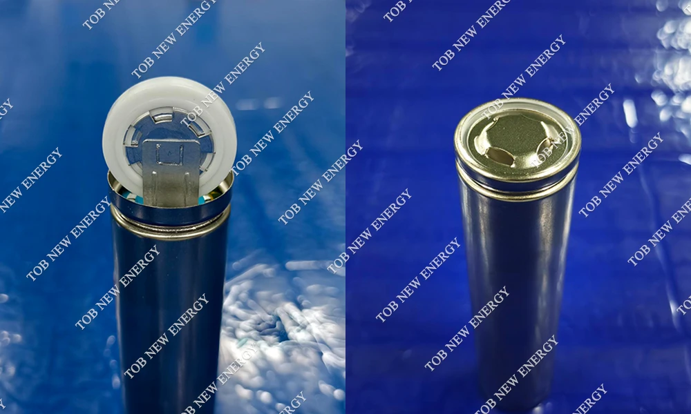 Cap welding result on the left and sealed 32140 tabless cylindrical cell on the right